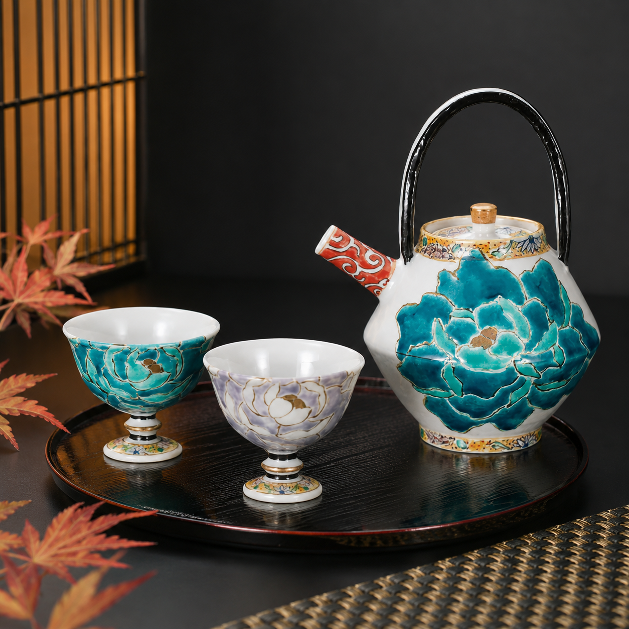 JAPANESE KUTANI PORCELAIN SAKE SET – HEKISHIBOTAN (BLUE-PURPLE PEONY) / TSUYOSHI SATO