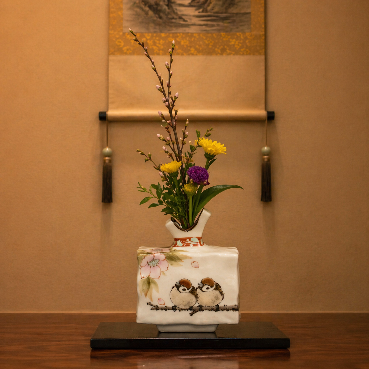 KUTANI WARE FLAT VASE (HENKO) – SMALL Y-SHAPED OPENING, SAKURA & TWO SPARROWS DESIGN BY TOSHITO NAKAMURA