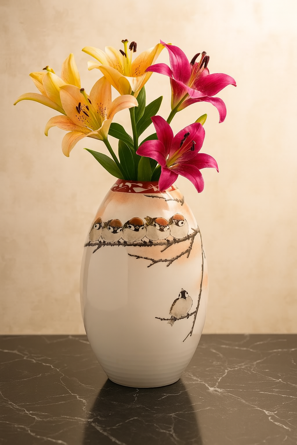 KUTANI JAPANESE FLOWER VASE BULLET-SHAPED FLOCK OF SPARROWS PAINTING”/ TOSHITO NAKAMURA