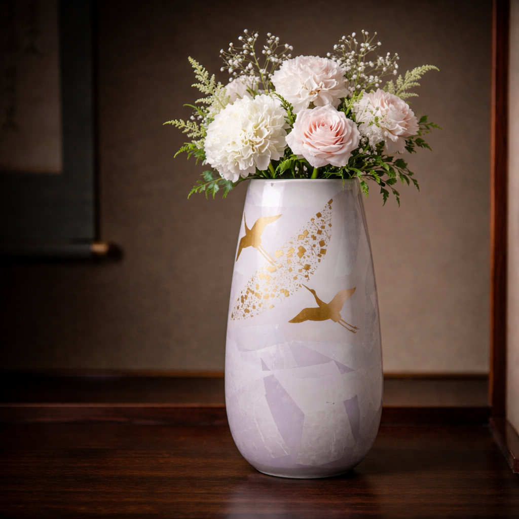 KUTANI WARE FLOWER VASE “SILVER FLIGHT” – JAPANESE PORCELAIN WITH SILVER GLAZE, WOODEN GIFT BOX
