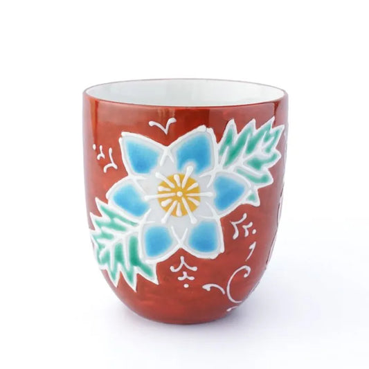 JAPANESE KUTANI PORCELAIN MUG CUP – RED BACKGROUND FLORAL PATTERN, SHIHO AIKAWA