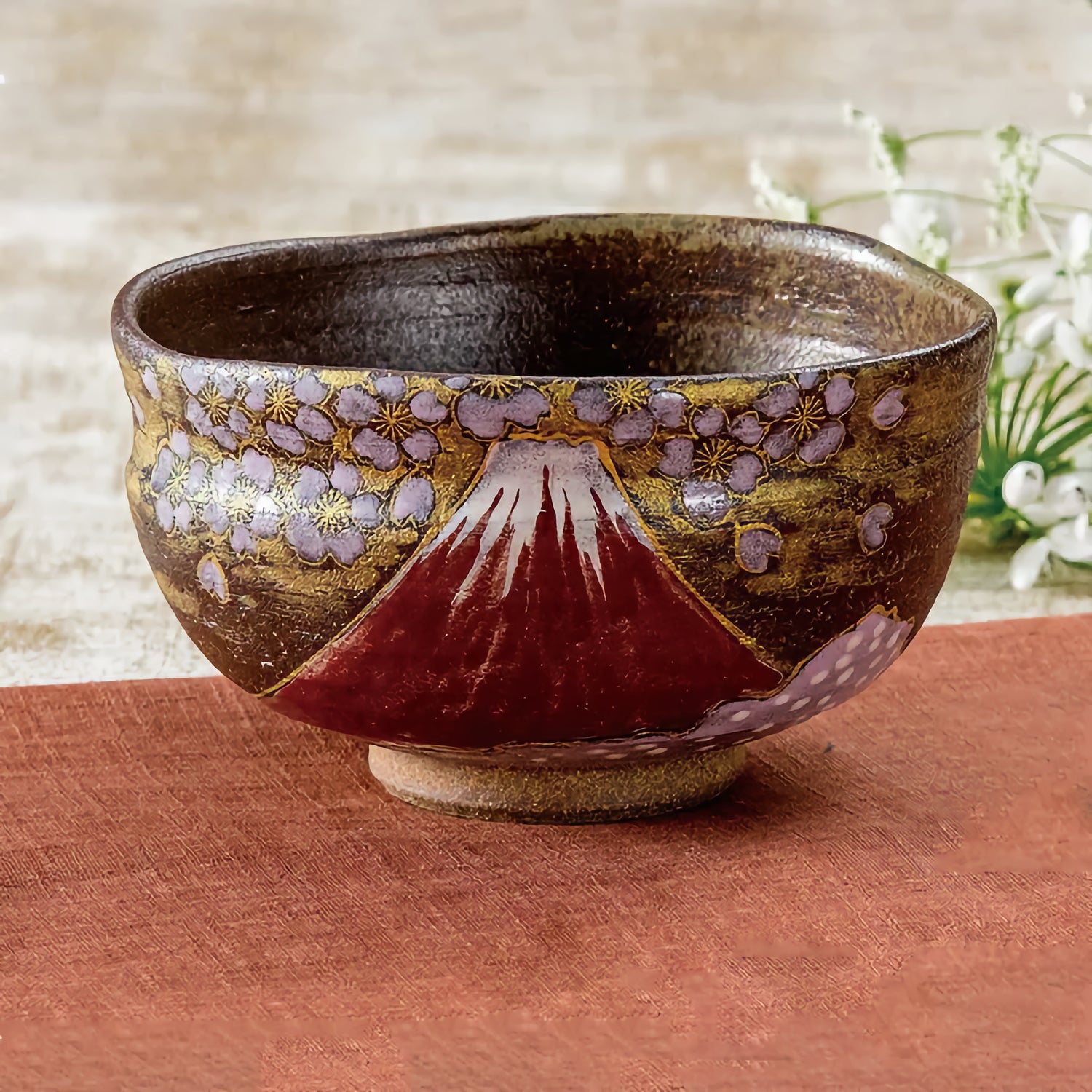 KUTANI WARE MATCHA BOWL – HANDCRAFTED JAPANESE TEA CEREMONY CHAWAN ‘GOLDEN CLOUDS, SAKURA & MT. FUJI’ BY YOSHINORI FUKUDA