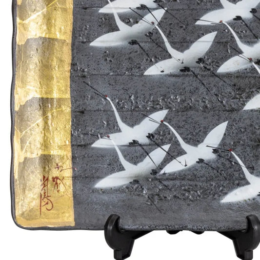 KUTANI JAPANESE DECORATIVE PLATE GOLD LEAF FLOCK OF CRANES (WITH PLATE STAND)/TOYASHI YAMADA