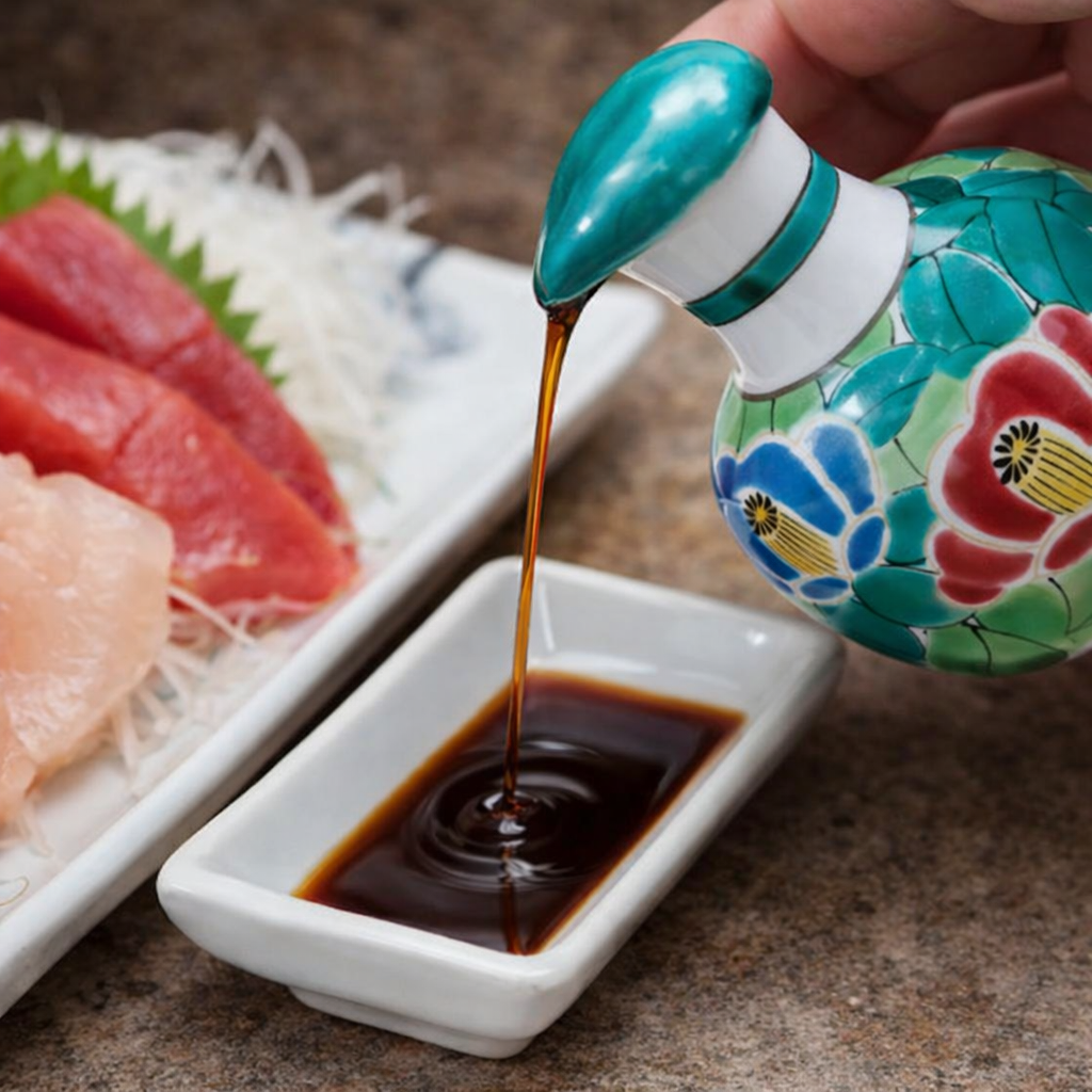 KUTANI WARE SOY SAUCE DISPENSER (SMALL)KYO-SAZANKA DESIGN, BIZAN KILN, JAPANESE CERAMIC SAUCE CONTAINER