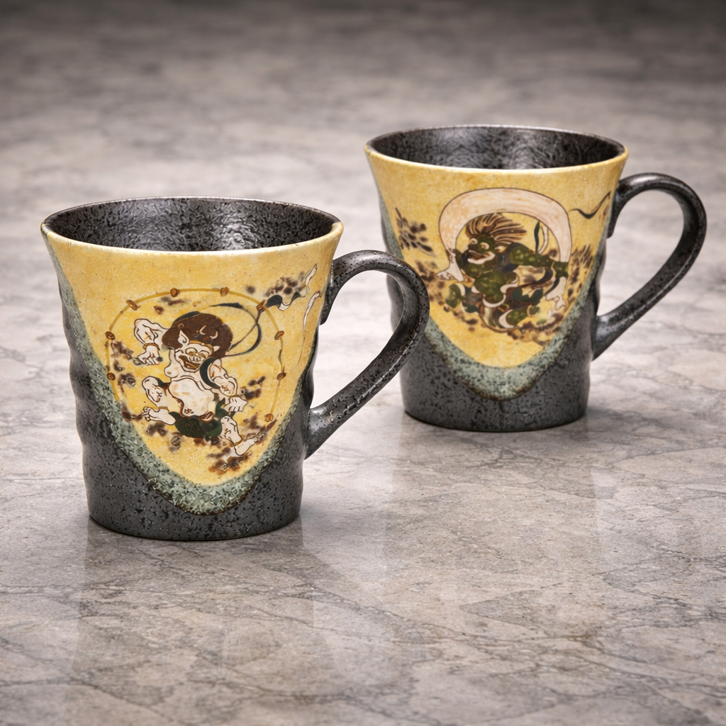 JAPANESE KUTANI PORCELAIN MUG PAIR – FUJIN AND RAIJIN DESIGN