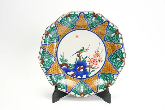 KUTANI WARE DECORATIVE PLATE SHOCHIKUBAI NI BIRD / TAMEKICHI MITSUI