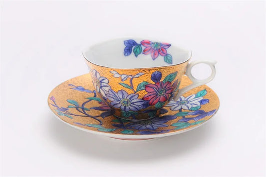 KINRYU KILN ARITA GOLD DECORATION TETSUSEN FLOWER COFFEE CUP (WITH WOODEN BOX)
