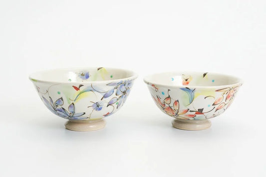 KUTANI WARE SET OF RICE BOWLS - SAIKA (COLORFUL FLORAL DESIGN), KOKUZOU KILN, JAPANESE CERAMIC BOWLS