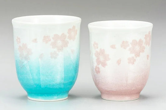 KUTANI WARE “SILVER SAKURA” YUNOMI TEA CUP PAIR (IN PRESENTATION BOX)