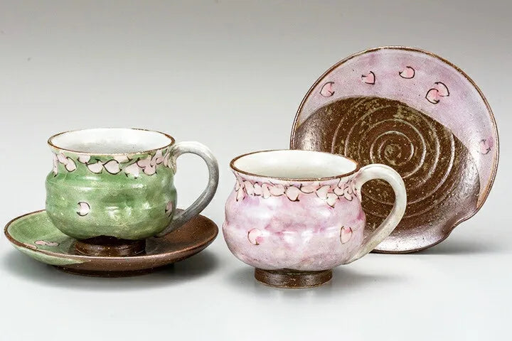 KUTANI WARE PAIR COFFEE CUPS – HAND-PAINTED ‘CHERRY BLOSSOM’ DESIGN BY TAKAKO HIGASHI