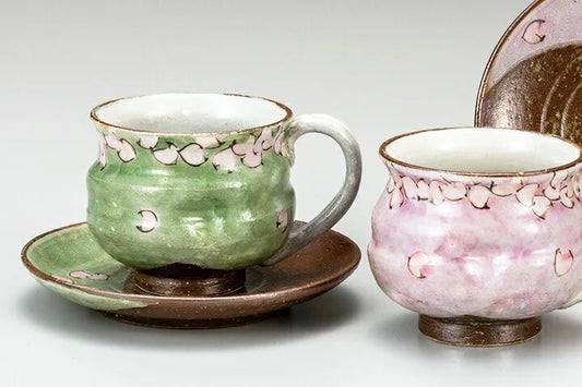 KUTANI WARE PAIR COFFEE CUPS – HAND-PAINTED ‘CHERRY BLOSSOM’ DESIGN BY TAKAKO HIGASHI