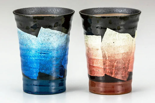 KUTANI WARE PAIR OF FREE CUPS – JAPANESE PORCELAIN GINSAI SILVER GLAZE
