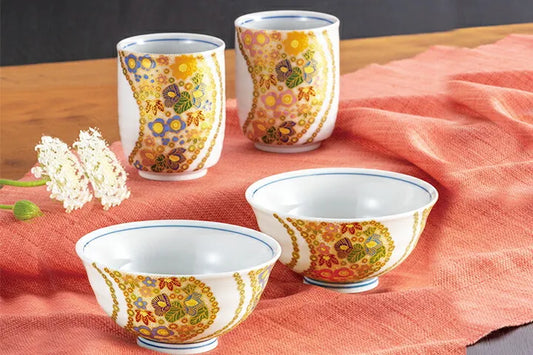 KUTANI WARE MUTSUZOROI TEA CUP SET – KYOKUSUI HANAZUME DESIGN (GIFT BOX INCLUDED)