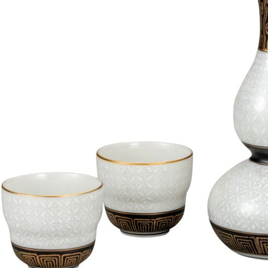 KUTANI JAPANESE SAKE SET WHITE CLOISONNÉ