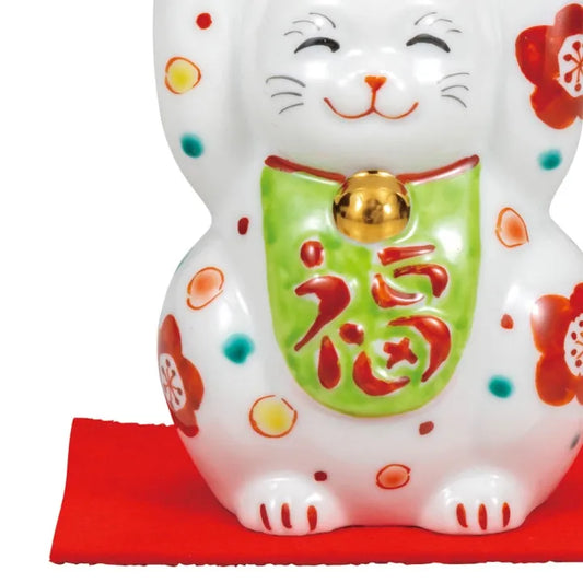 KUTANI WARE TWO-HANDED BECKONING CAT (MANEKI NEKO) WITH FLORAL DESIGN – JAPANESE LUCKY CAT