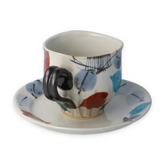 KUTANI WARE JAPANESE PORCELAIN CUP & SAUCER – IRODORI CAMELLIA (BLACK) | KOKUZOU KILN 虚空蔵窯