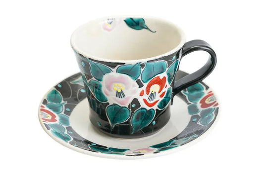 KUTANI WARE CUP & SAUCER IROE MUSŌ TSUBAKI (BLACK) /KOKUZOU KLIN