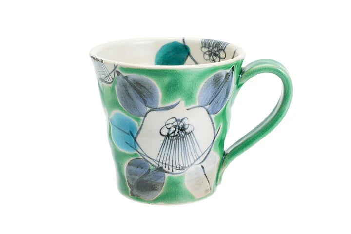 KUTANI JAPANESE MUG CUP KOZOME TUBAKI GREEN /KOKUZOU KLIN