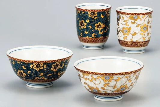KUTANI WARE MATCHING COUPLE SET-TESEEN KARAKUSA DESIGN
