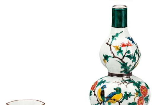 KUTANI JAPANESE SAKE SET KO-KUTANI STYLE FLOWERS AND BIRDS