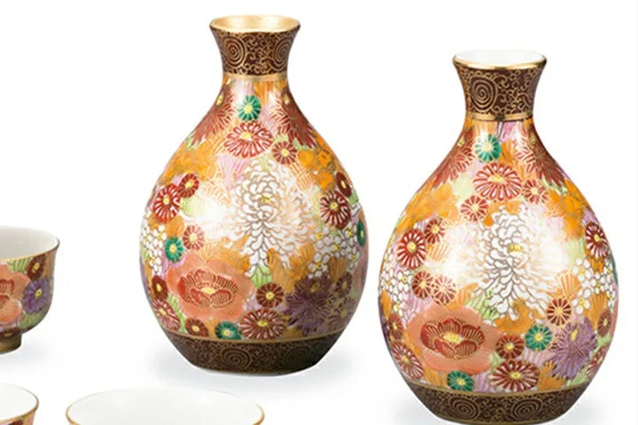 KUTANI WARE EVENING SAKE SET - GOLD HANAZUME GOLD FLORAL DESIGN,