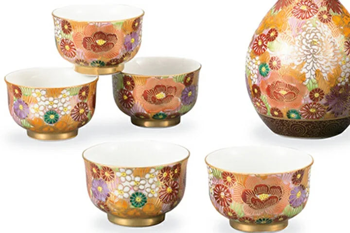 KUTANI WARE EVENING SAKE SET - GOLD HANAZUME GOLD FLORAL DESIGN,