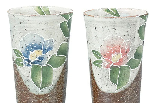 JAPANESE KUTANI WARE PAIR FREE CUPS – “MORITSUBAKI” CAMELLIA DESIGN BY SHIHO AIKAWA