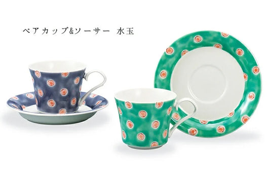 KUTANI WARE PAIR OF CUPS & SAUCERS POLKA DOTS/KINUYO OKADA