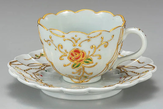 JAPANESE KUTANI WARE CUP & SAUCER – “HANAMUSUBI” FLORAL DESIGN BY SHIHO AIKAWA
