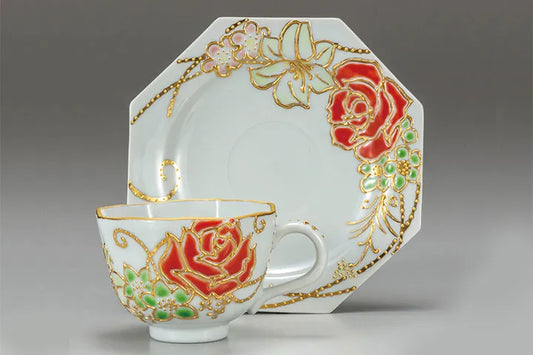 JAPANESE KUTANI CUP & SAUCER – HAND-PAINTED ROSE MOTIF BY ARTIST SHIHO AIKAWA
