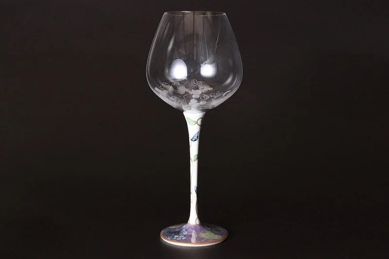 JAPANESE ARITA WARE TOYO CERAMICS PURPLE GRAPE HIGH LEG WINE GLASS