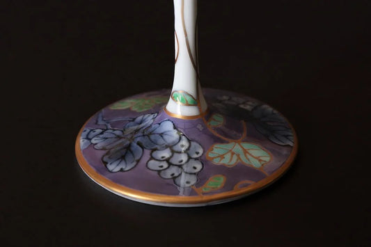 JAPANESE ARITA WARE TOYO CERAMICS PURPLE GRAPE HIGH LEG WINE GLASS