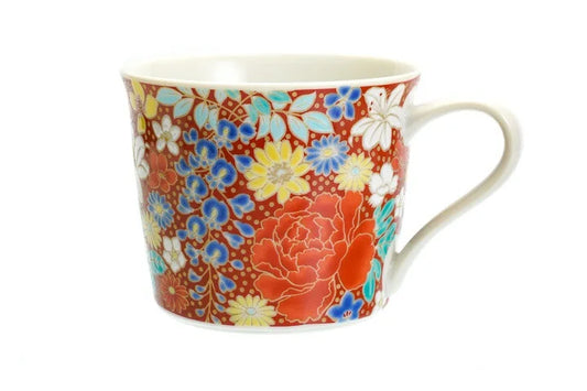 KUTANI WARE MUG – HAND-PAINTED ‘HANAZUME’ FLORAL PATTERN (RED) BY SEIKO KILN