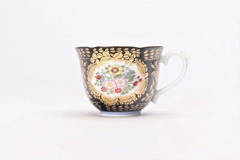 ARITA PORCELAIN VERSAILLES DEMITASSE - NISHIKI GLOSSY BLACK, TRADITIONAL JAPANESE CERAMIC BY KOURAKU KILN