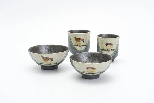 KUTANI WARE COUPLE DINING SET “FORTUNATE SPARROWS” (4-PIECE SET) / TOSHITO NAKAMURA