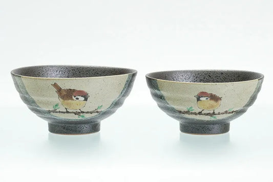 KUTANI WARE SET OF RICE BOWLS LUCKY SPARROWS