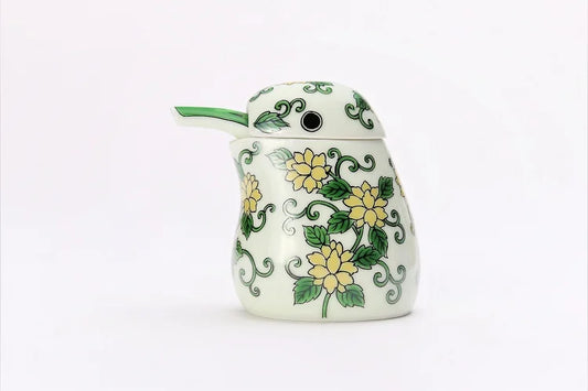 JAPANESE SAUCE DISPENSER ARITA NISHIKI GREEN ARABESQUE KINGFISHER-SHAPED / KOURAKU KILN