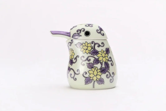 JAPANESE ARITA WARE NISHIKI PURPLE ARABESQUE KINGFISHER-SHAPED SOY SAUCE DISPENSER / KOURAKU KILN