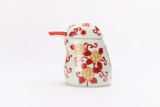 KOURAKU KILN ARITA NISHIKI PURPLE ARABESQUE KINGFISHER-SHAPED SOY SAUCE DISPENSER