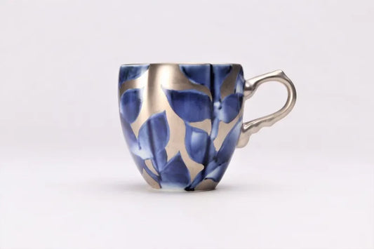 ARITA WARE GOURD-SHAPED COFFEE CUP & SAUCER “SOMENISHIKI GINSAI LEAF