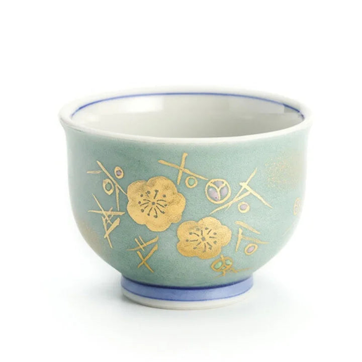 KUTANI WARE COLORED GOLD COLOR SAKAZUKI PLUM CREST INDIGO AND WHITE/ KINZAN KLIN