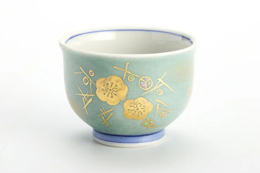 KUTANI WARE COLORED GOLD COLOR SAKAZUKI PLUM CREST INDIGO AND WHITE/ KINZAN KLIN