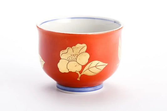 KUTANI WARE COLORED GOLD COLOR SAKE CUP CAMELLIA PATTERN ORANGE / KINZAN KLIN