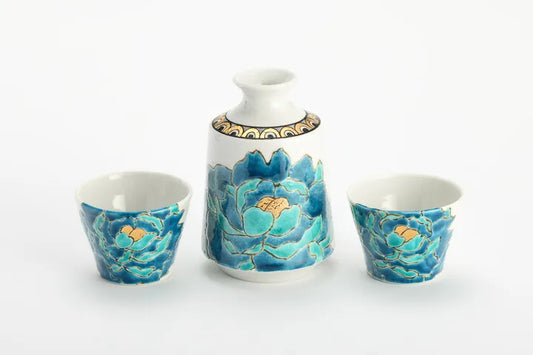 KUTANI WARE SAKE SET PEONY BLUE/TSUYOSHI SATOU