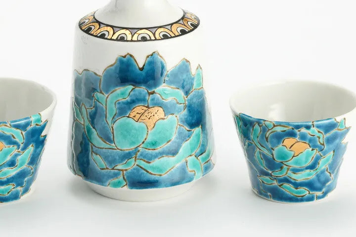 KUTANI WARE SAKE SET PEONY BLUE/TSUYOSHI SATOU