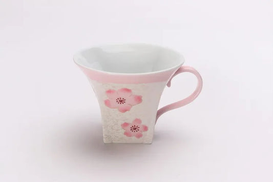 ARITA WARE JAPANESE COFFEE CUP & SAUCER – PALE PINK GLAZE WITH IRIDESCENT CHERRY BLOSSOM DESIGN / TASEI KILN