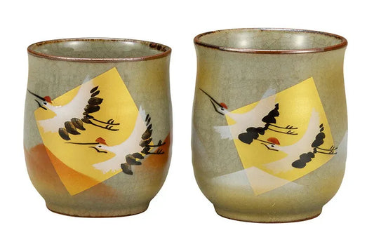 KUTANI JAPANESE YUNOMI SET GOLD LEAF CRANE