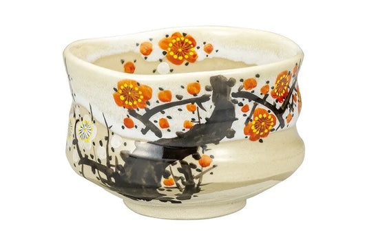 KUTANI WARE MATCHA BOWL CHAWAN RED AND WHITE PLUM BLOSSOMS