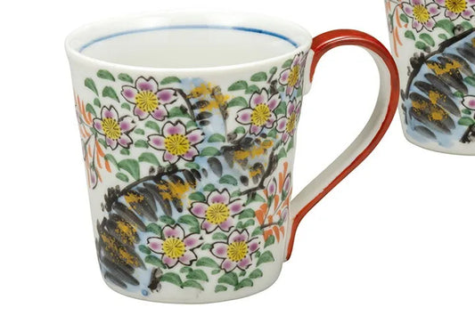 KUTANI WARE PAIR MUG CUPS – JAPANESE PORCELAIN MUGS WITH SAKURA (CHERRY BLOSSOM) DESIGN, HAND-PAINTED TRADITIONAL KUTANI