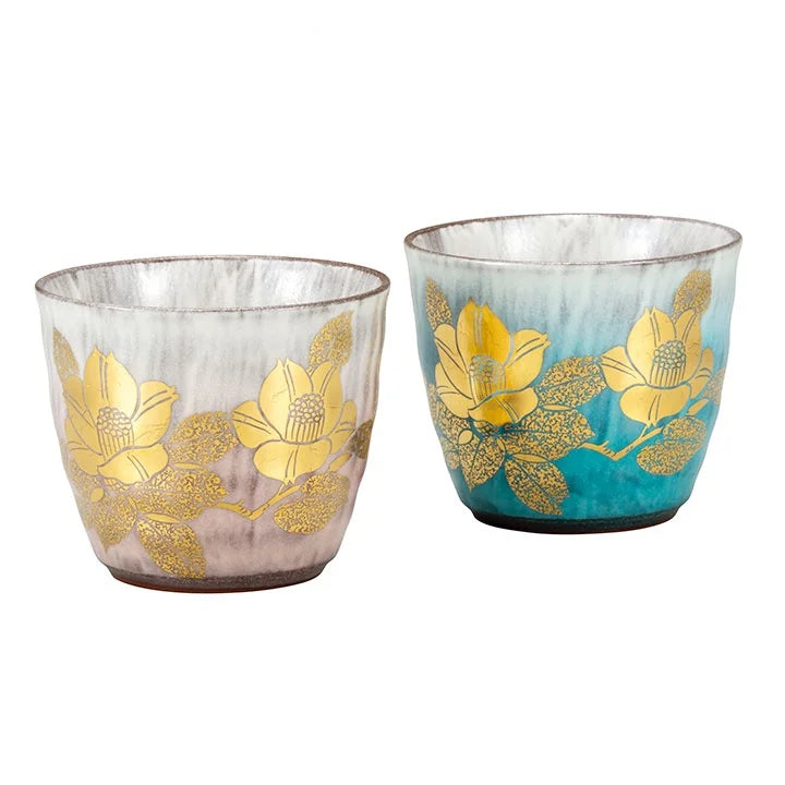 KUTANI WARE PAIR OF SHOCHU CUPS PURE GOLD CAMELLIA